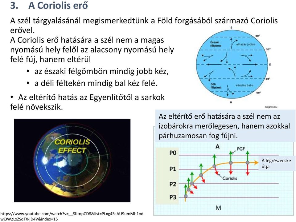 jobb kéz, a déli féltekén mindig bal kéz felé. Az eltérítő hatás az Egyenlítőtől a sarkok felé növekszik.