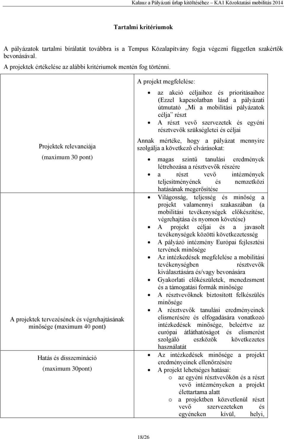 prioritásaihoz (Ezzel kapcsolatban lásd a pályázati útmutató Mi a mobilitási pályázatok célja részt A részt vevő szervezetek és egyéni résztvevők szükségletei és céljai Annak mértéke, hogy a pályázat