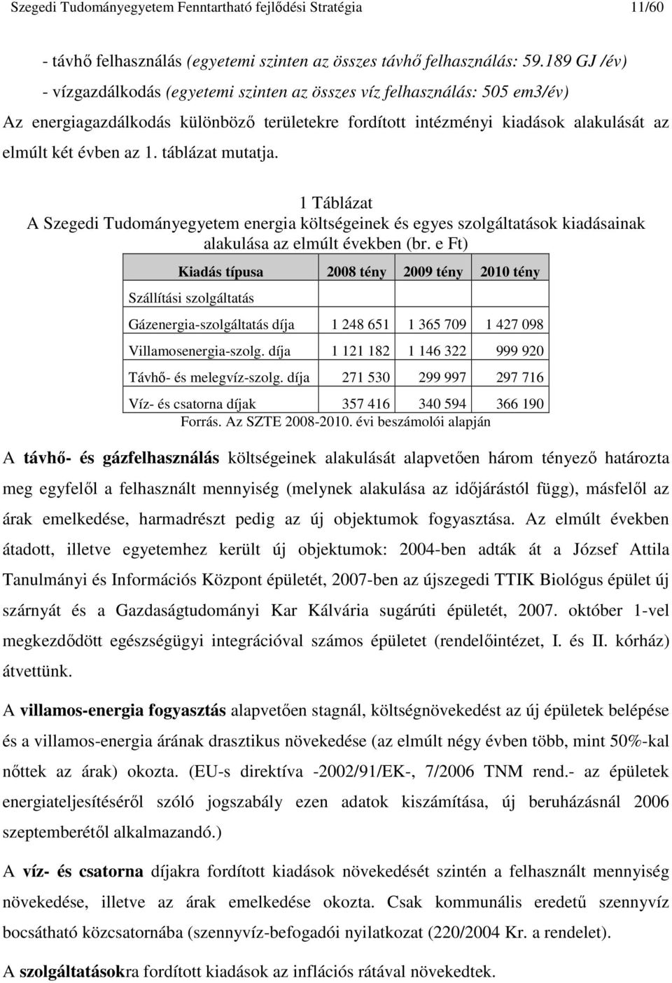 táblázat mutatja. 1 Táblázat A Szegedi Tudományegyetem energia költségeinek és egyes szolgáltatások kiadásainak alakulása az elmúlt években (br.