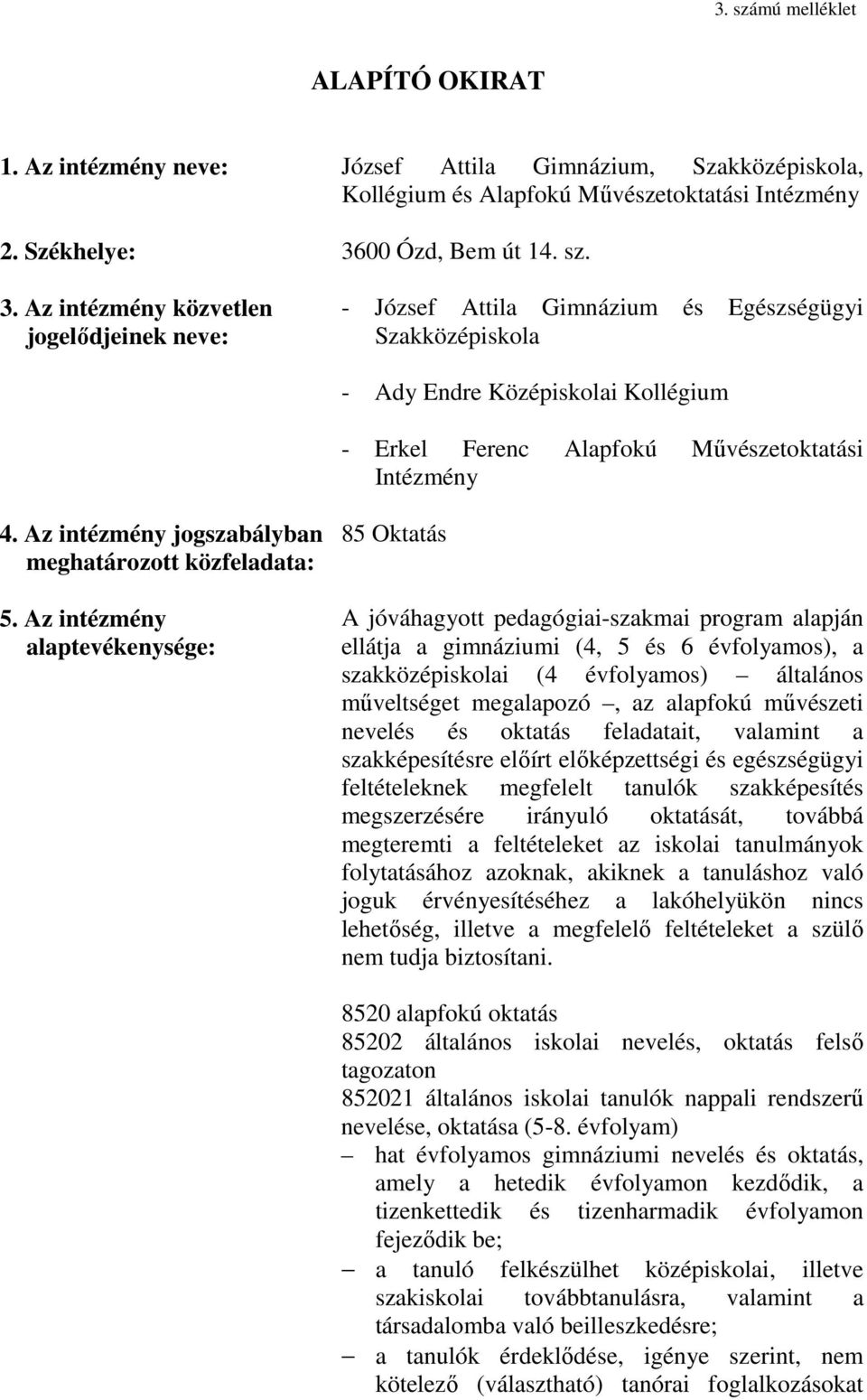 Az intézmény közvetlen jogelıdjeinek neve: - József Attila Gimnázium és Egészségügyi Szakközépiskola - Ady Endre Középiskolai Kollégium - Erkel Ferenc Alapfokú Mővészetoktatási Intézmény 4.