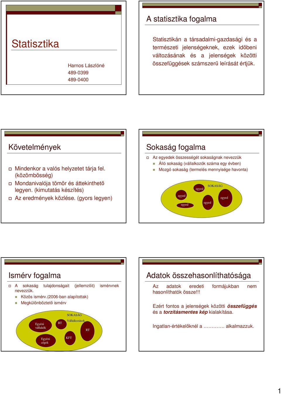 (gyors legyen) Az ek összességét sokaságnak nevezzük Álló sokaság (vállalkozók száma egy évben) Mozgó sokaság (termelés mennyisége havonta) SOKASÁG Ismérv fogalma A sokaság tulajdonságait