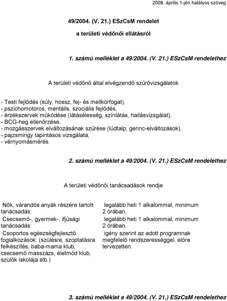 ) ESzCsM rendelethez A területi védőnő által elvégzendő szűrővizsgálatok - Testi fejlődés (súly, hossz, fej- és mellkörfogat), - pszichomotoros, mentális, szociális fejlődés, - érzékszervek működése