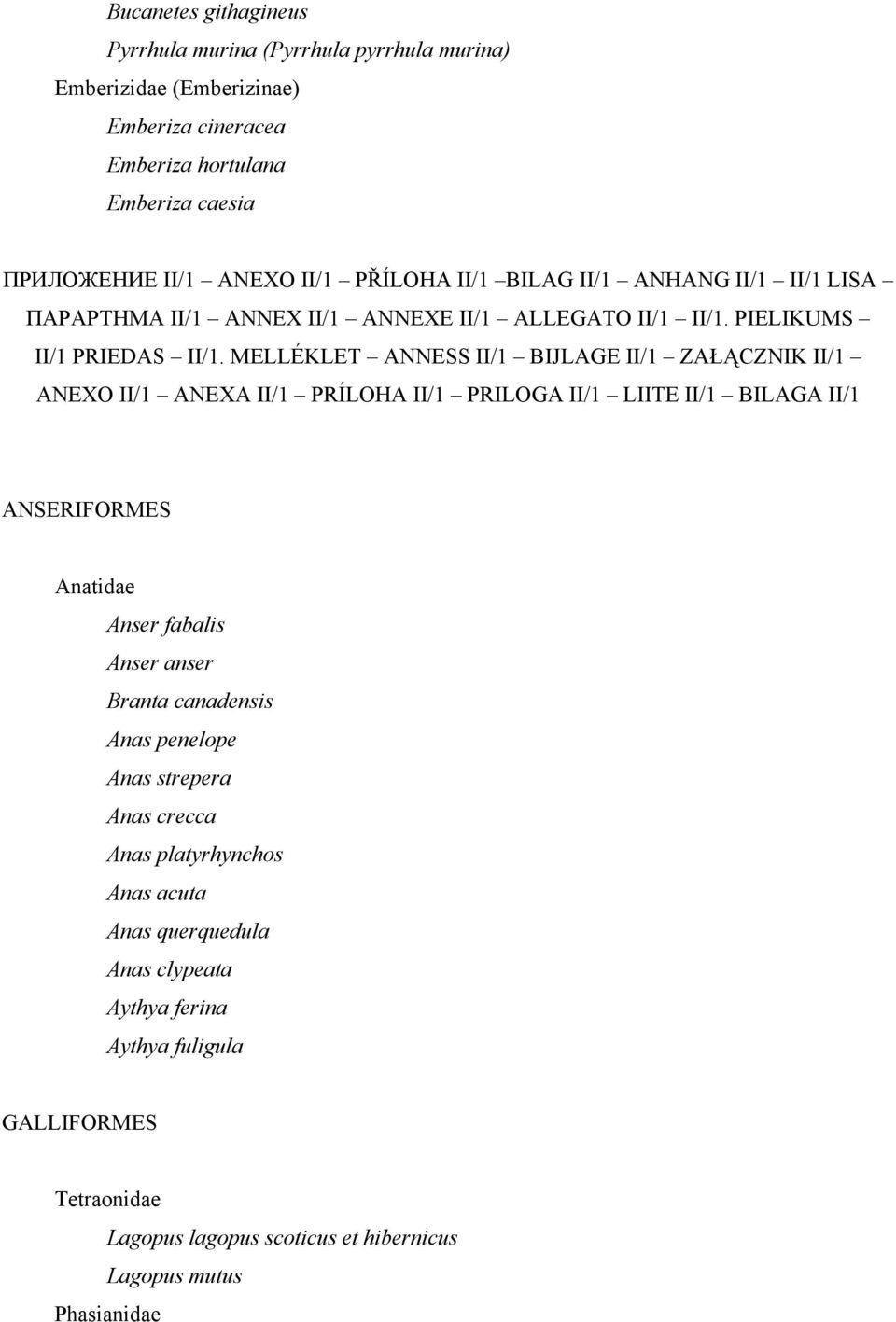 MELLÉKLET ANNESS II/1 BIJLAGE II/1 ZAŁĄCZNIK II/1 ANEXO II/1 ANEXA II/1 PRÍLOHA II/1 PRILOGA II/1 LIITE II/1 BILAGA II/1 ANSERIFORMES Anatidae Anser fabalis Anser anser Branta