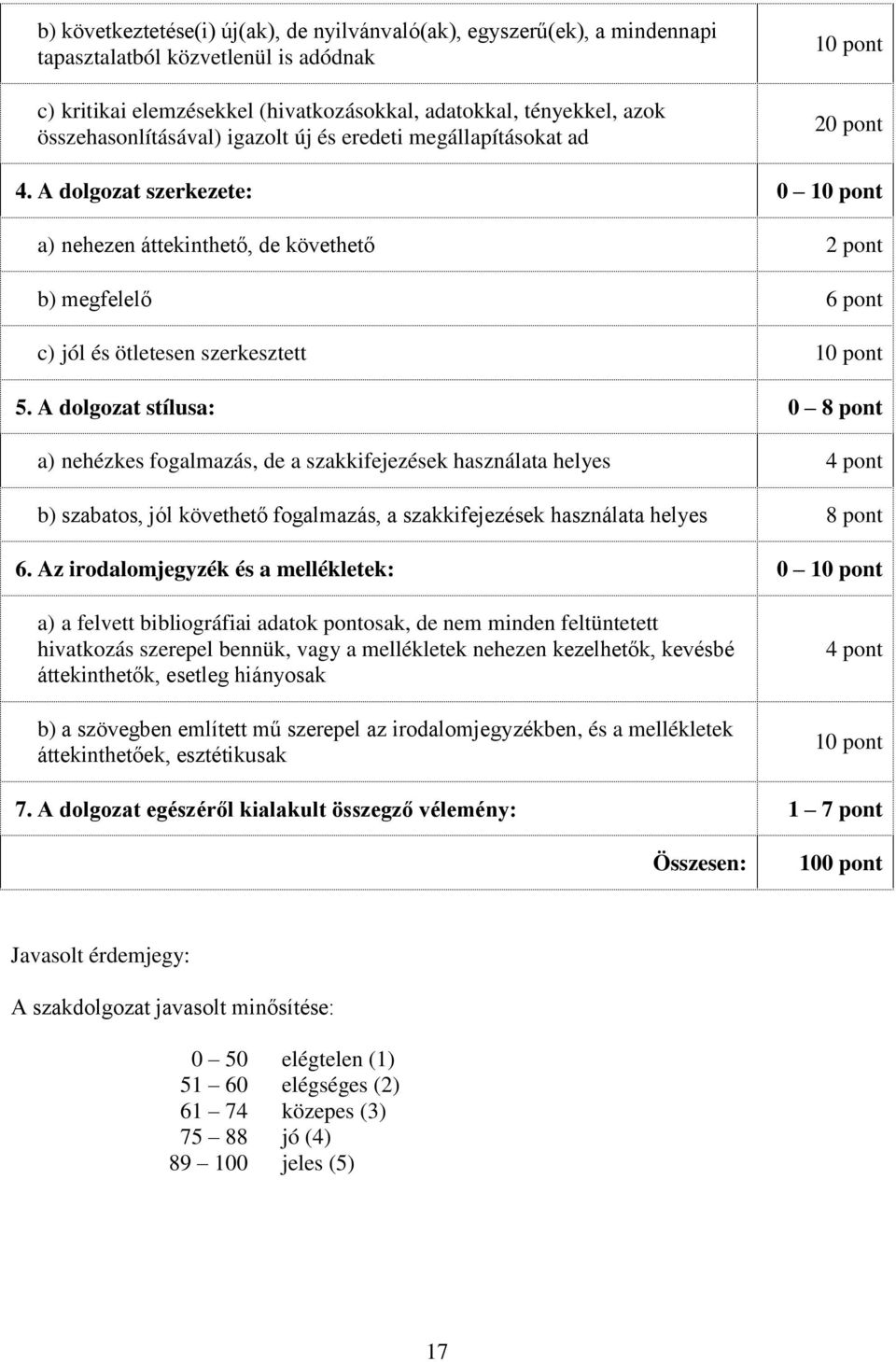 A dolgozat szerkezete: 0 10 pont a) nehezen áttekinthető, de követhető 2 pont b) megfelelő 6 pont c) jól és ötletesen szerkesztett 10 pont 5.