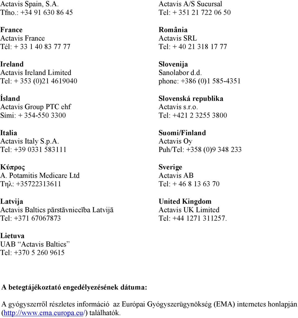 Potamitis Medicare Ltd Τηλ: +35722313611 Latvija Actavis Baltics pārstāvniecība Latvijā Tel: +371 67067873 Actavis A/S Sucursal Tel: + 351 21 722 06 50 România Actavis SRL Tel: + 40 21 318 17 77