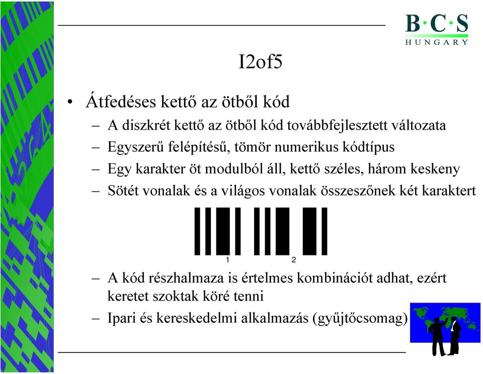 keskeny Sötét vonalak és a világos vonalak összeszőnek két karaktert 1 2 A kód részhalmaza is