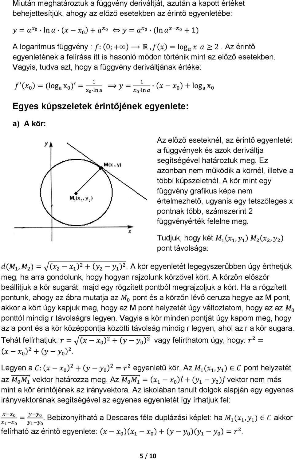 Vagyis, tudva azt, hogy a függvény deriváltjának értéke: Egyes kúpszeletek érintőjének egyenlete: a) A kör: Az előző eseteknél, az érintő egyenletét a függvények és azok deriváltja segítségével