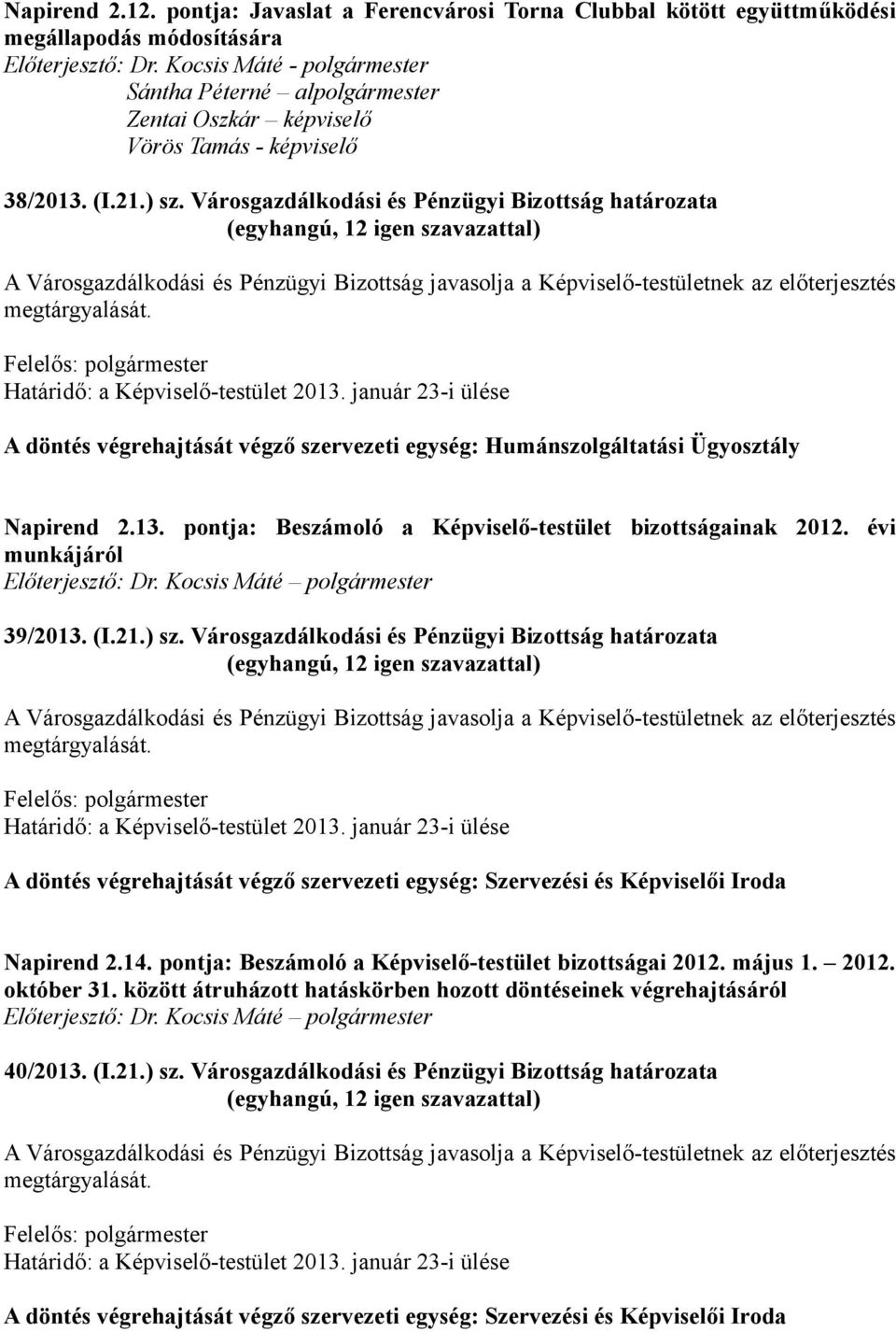 Városgazdálkodási és Pénzügyi Bizottság határozata A döntés végrehajtását végző szervezeti egység: Humánszolgáltatási Ügyosztály Napirend 2.13.