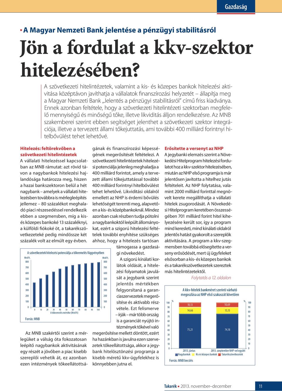 pénzügyi stabilitásról című friss kiadványa. Ennek azonban feltétele, hogy a szövetkezeti hitelintézeti szektorban megfelelő mennyiségű és minőségű tőke, illetve likviditás álljon rendelkezésre.