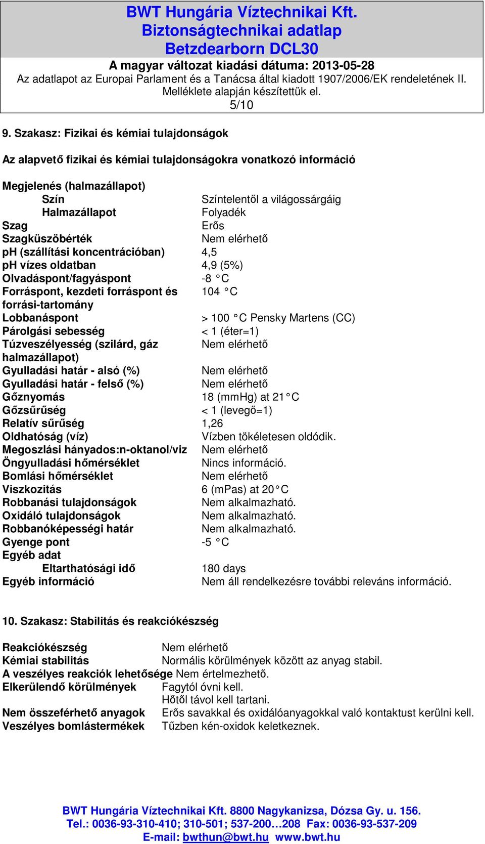 Erős Szagküszöbérték ph (szállítási koncentrációban) 4,5 ph vízes oldatban 4,9 (5%) Olvadáspont/fagyáspont -8 C Forráspont, kezdeti forráspont és 104 C forrási-tartomány Lobbanáspont > 100 C Pensky