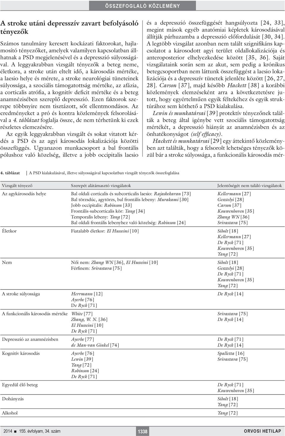 A leggyakrabban vizsgált tényezők a beteg neme, életkora, a stroke után eltelt idő, a károsodás mértéke, a laesio helye és mérete, a stroke neurológiai tüneteinek súlyossága, a szociális