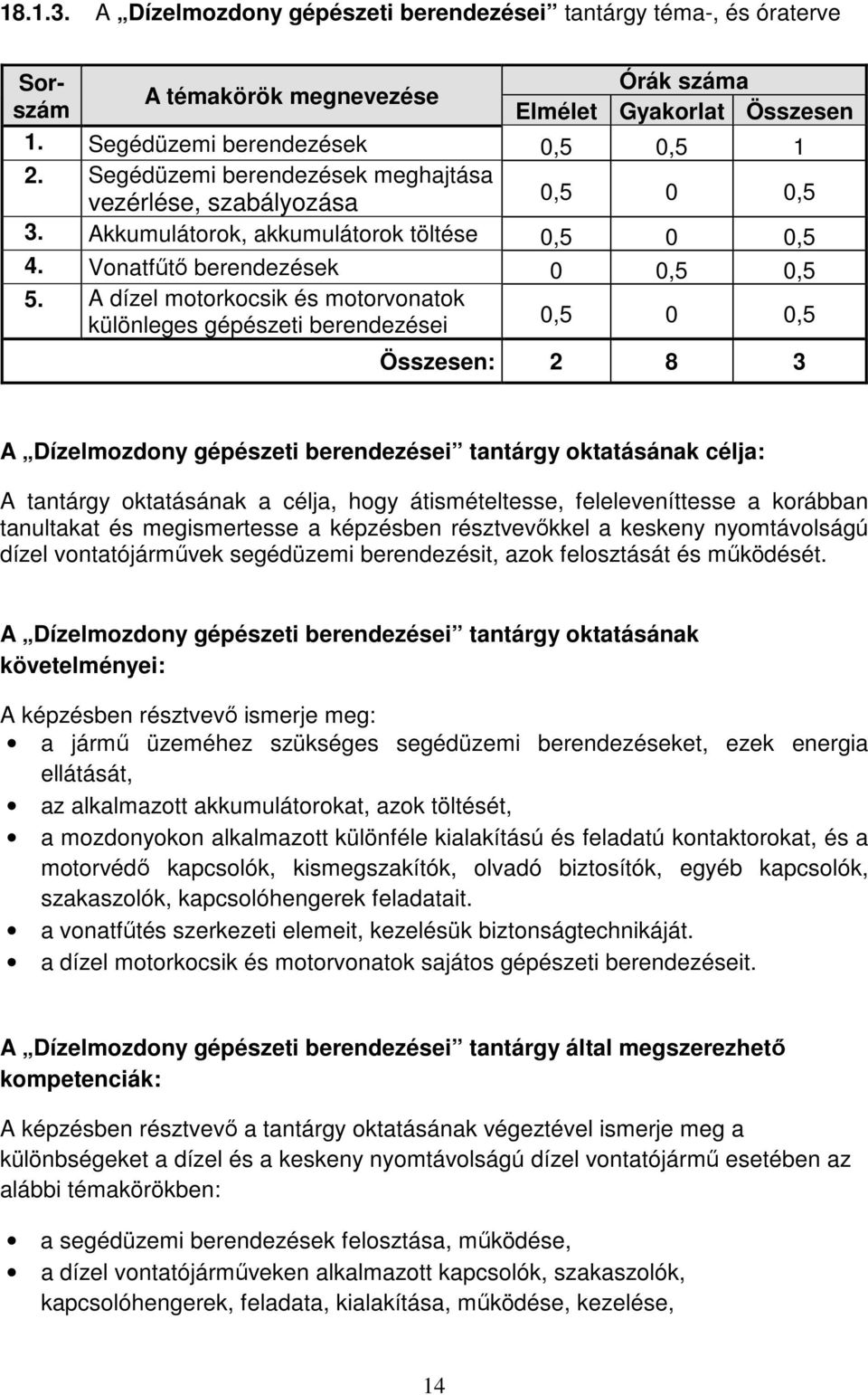 A dízel motorkocsik és motorvonatok különleges gépészeti berendezései 0,5 0 0,5 Összesen: 2 8 3 A Dízelmozdony gépészeti berendezései tantárgy oktatásának célja: A tantárgy oktatásának a célja, hogy