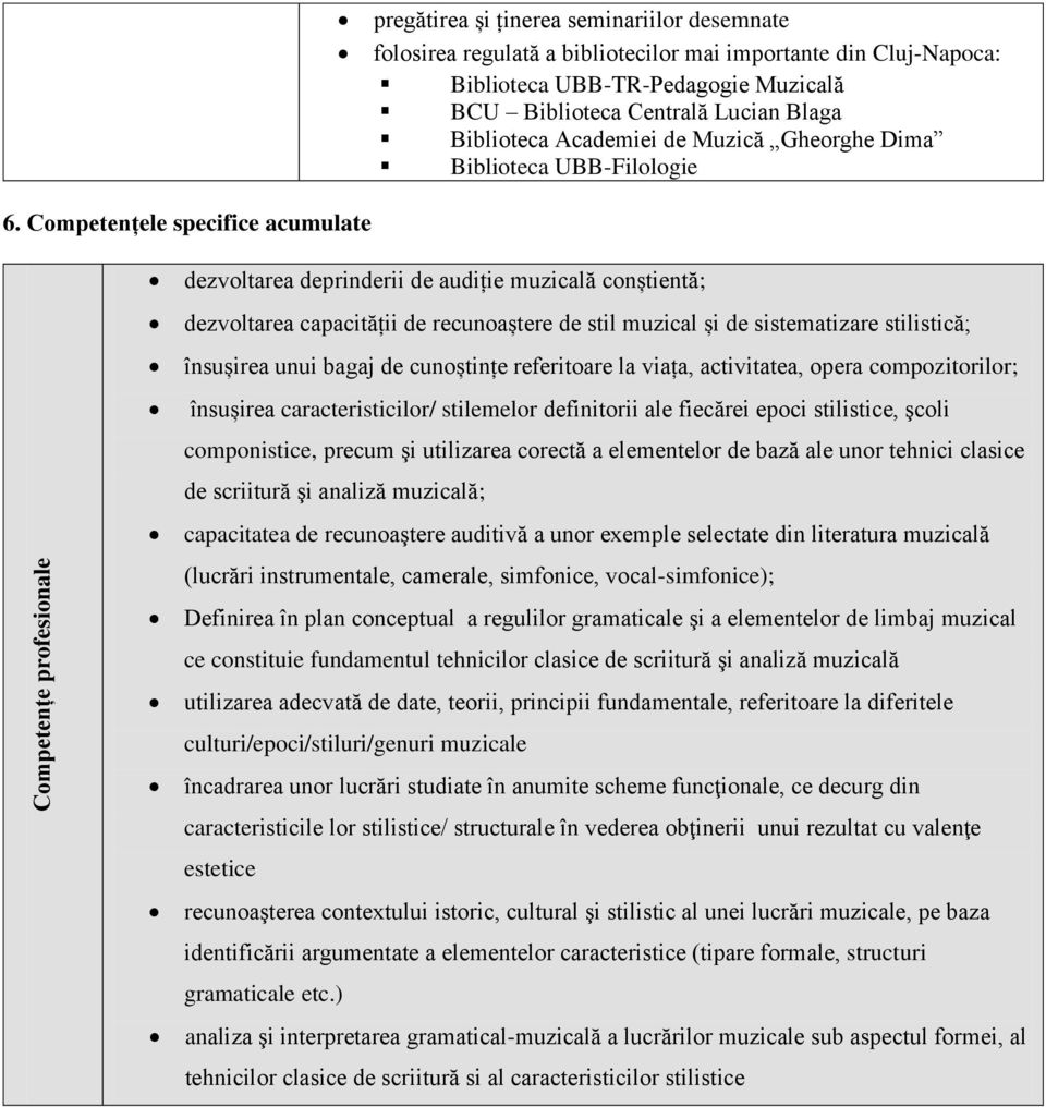 Competențele specifice acumulate dezvoltarea deprinderii de audiție muzicală conștientă; dezvoltarea capacității de recunoaștere de stil muzical și de sistematizare stilistică; însușirea unui bagaj