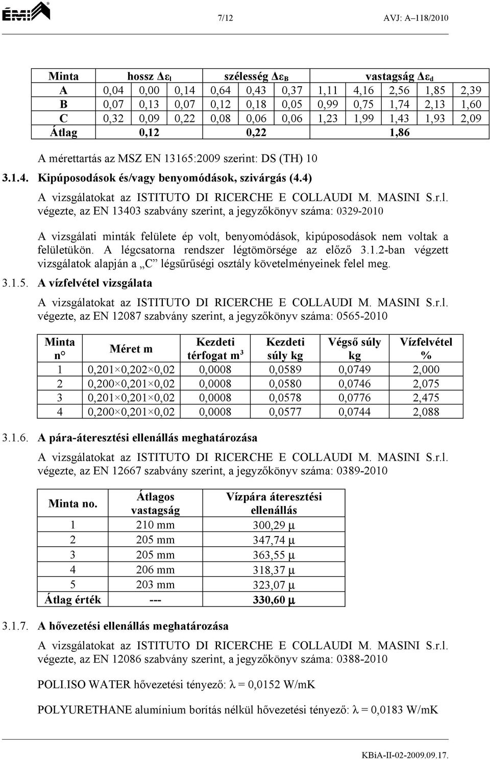 4) A vizsgálatokat az ISTITUTO DI RICERCHE E COLLAUDI M. MASINI S.r.l. végezte, az EN 13403 szabvány szerint, a jegyzőkönyv száma: 0329-2010 A vizsgálati minták felülete ép volt, benyomódások, kipúposodások nem voltak a felületükön.