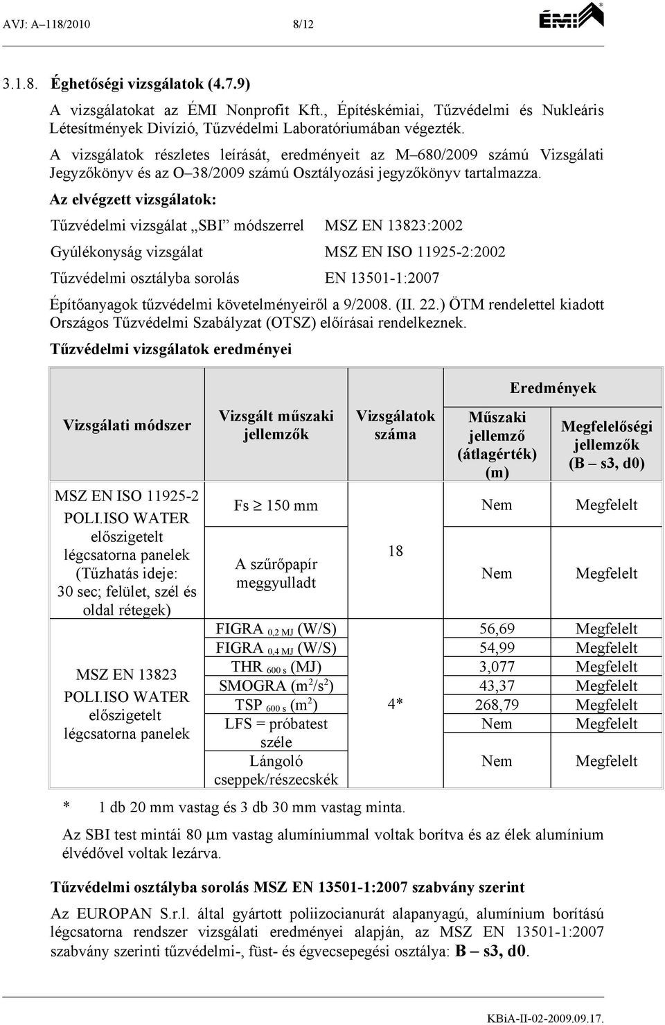 Az elvégzett vizsgálatok: Tűzvédelmi vizsgálat SBI módszerrel MSZ EN 13823:2002 Gyúlékonyság vizsgálat MSZ EN ISO 11925-2:2002 Tűzvédelmi osztályba sorolás EN 13501-1:2007 Építőanyagok tűzvédelmi