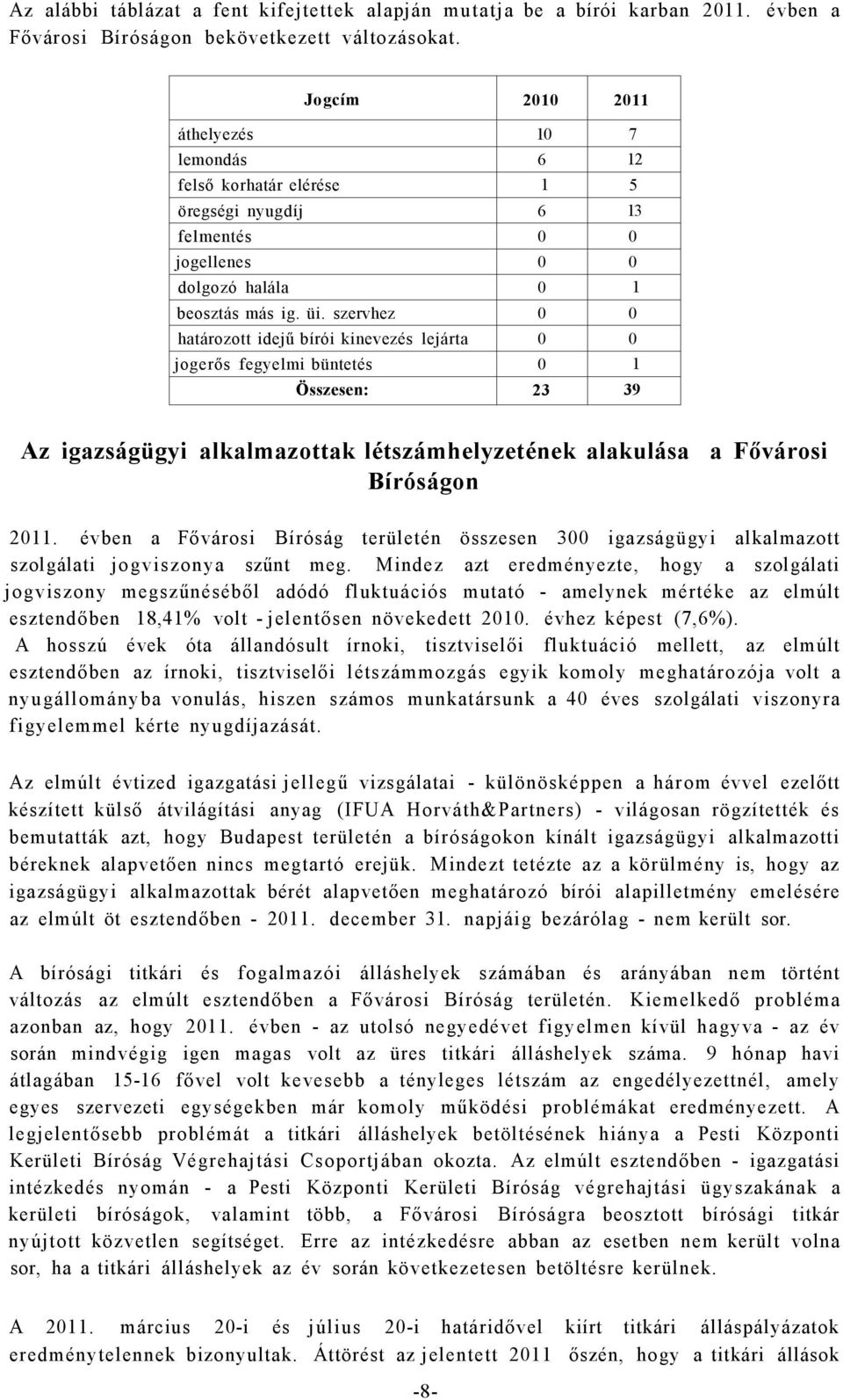 szervhez 0 0 határozott idejű bírói kinevezés lejárta 0 0 jogerős fegyelmi büntetés 0 1 Összesen: 23 39 Az igazságügyi alkalmazottak létszámhelyzetének alakulása a Fővárosi Bíróságon 2011.