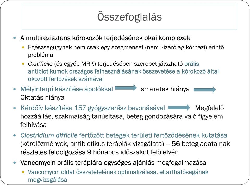 Oktatás hiánya Ismeretek hiánya Kérdőív készítése 157 gyógyszerész bevonásával Megfelelő hozzáállás, szakmaiság tanúsítása, beteg gondozására való figyelem felhívása Clostridium difficilefertőzött