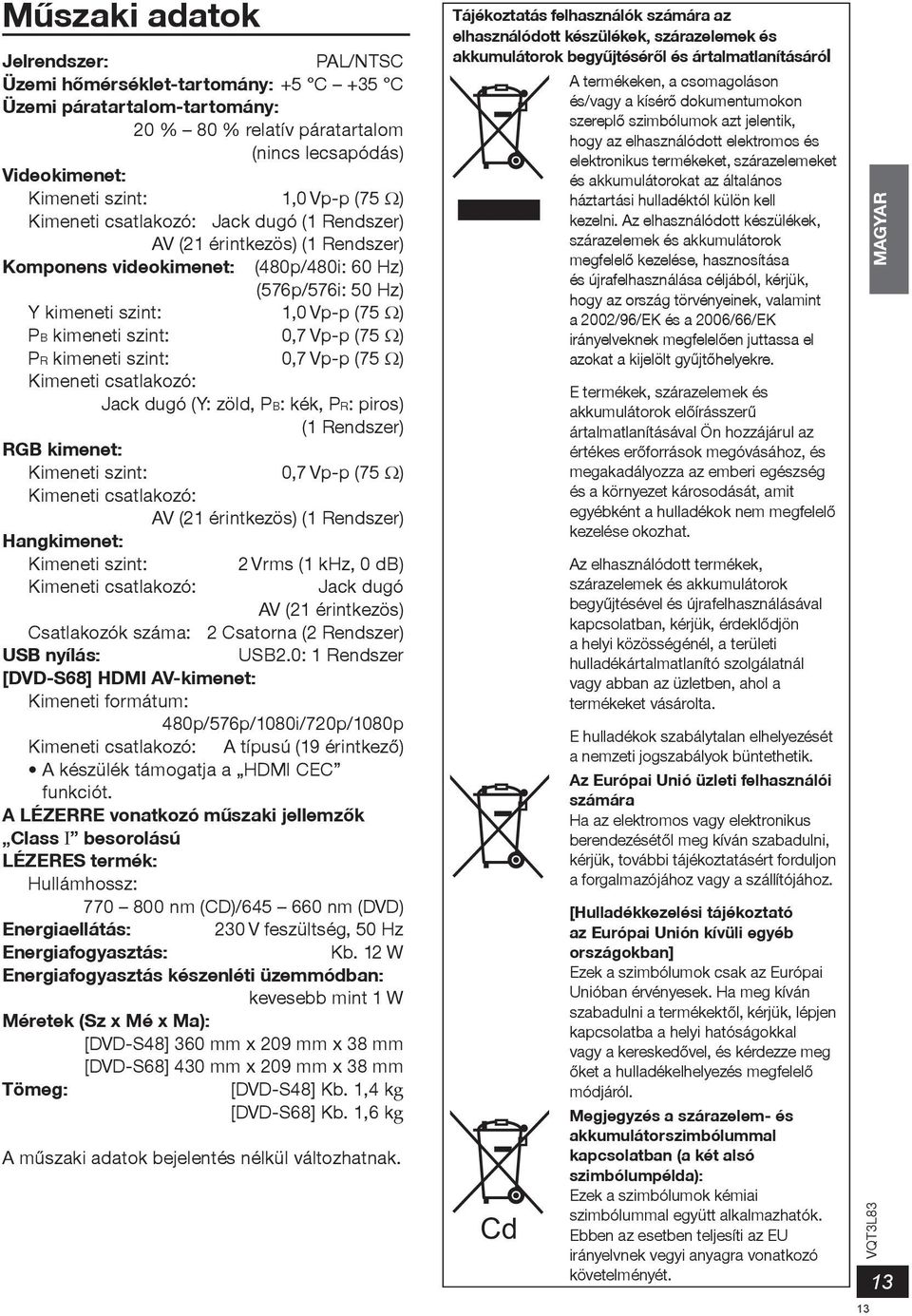 Vp-p (75 Ω) PR kimeneti szint: 0,7 Vp-p (75 Ω) Kimeneti csatlakozó: Jack dugó (Y: zöld, PB: kék, PR: piros) (1 Rendszer) RGB kimenet: Kimeneti szint: 0,7 Vp-p (75 Ω) Kimeneti csatlakozó: AV (21