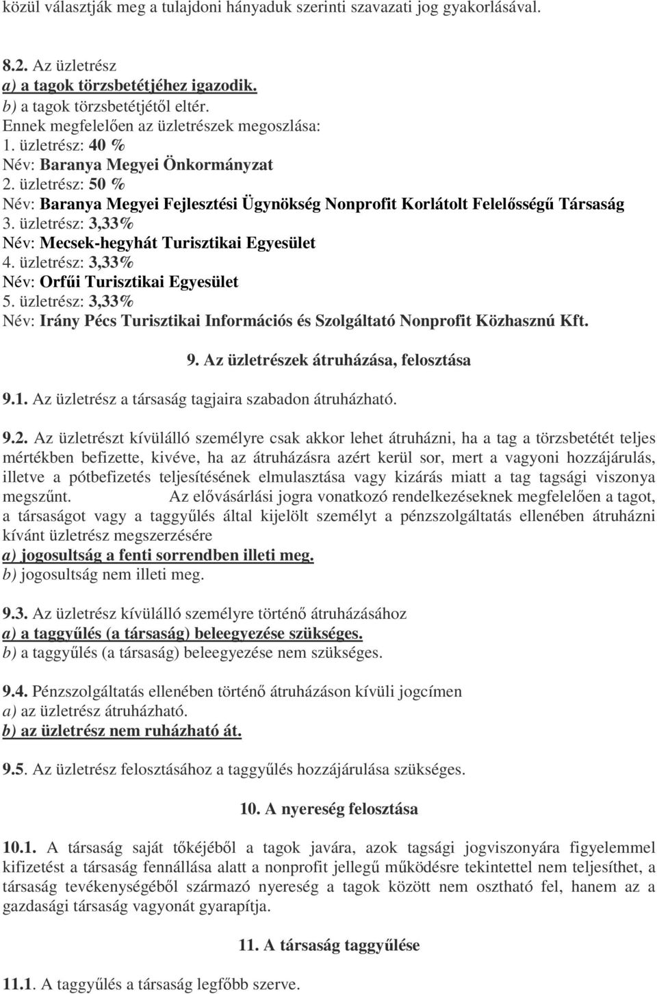 üzletrész: 50 % Név: Baranya Megyei Fejlesztési Ügynökség Nonprofit Korlátolt Felelősségű Társaság 3. üzletrész: 3,33% Név: Mecsek-hegyhát Turisztikai Egyesület 4.