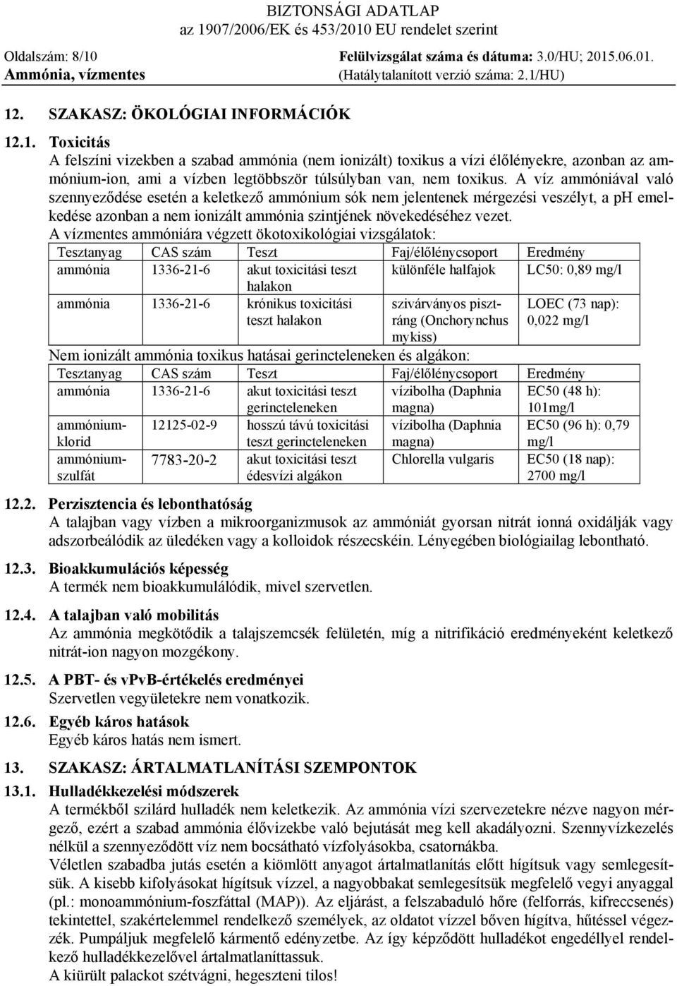 A vízmentes ammóniára végzett ökotoxikológiai vizsgálatok: Tesztanyag CAS szám Teszt Faj/élőlénycsoport Eredmény ammónia 1336-21-6 akut toxicitási teszt különféle halfajok LC50: 0,89 mg/l halakon