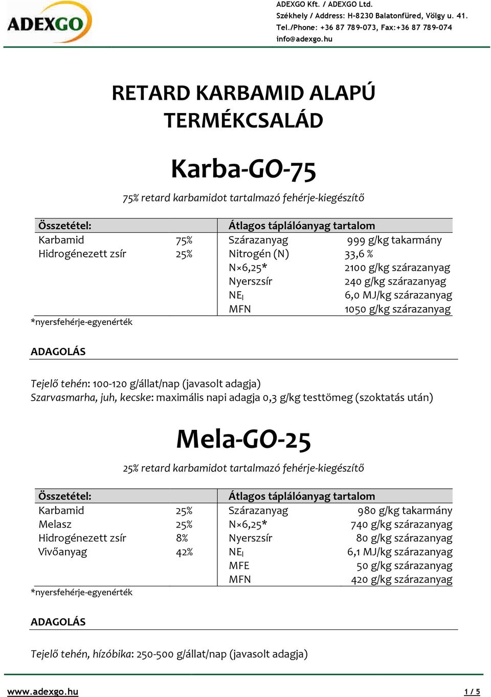 g/állat/nap (javasolt adagja) Szarvasmarha, juh, kecske: maximális napi adagja 0,3 g/kg testtömeg (szoktatás után) Mela-GO-25 25% retard karbamidot tartalmazó fehérje-kiegészítő Összetétel: Átlagos