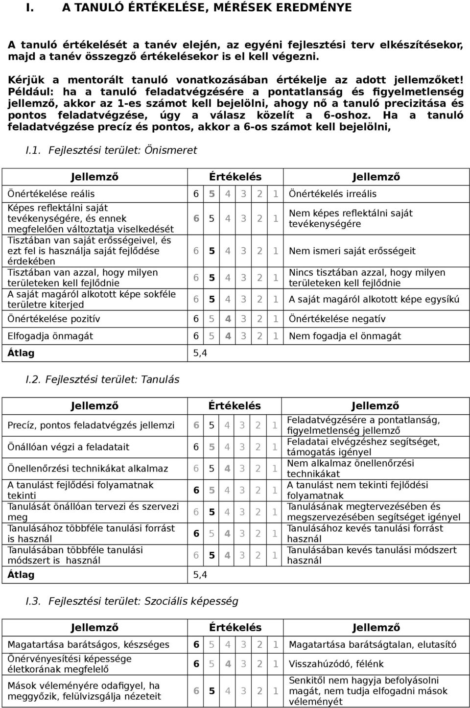 Például: ha a tanuló feladatvégzésére a pontatlanság és figyelmetlenség jellemző, akkor az 1-es számot kell bejelölni, ahogy nő a tanuló precizitása és pontos feladatvégzése, úgy a válasz közelít a