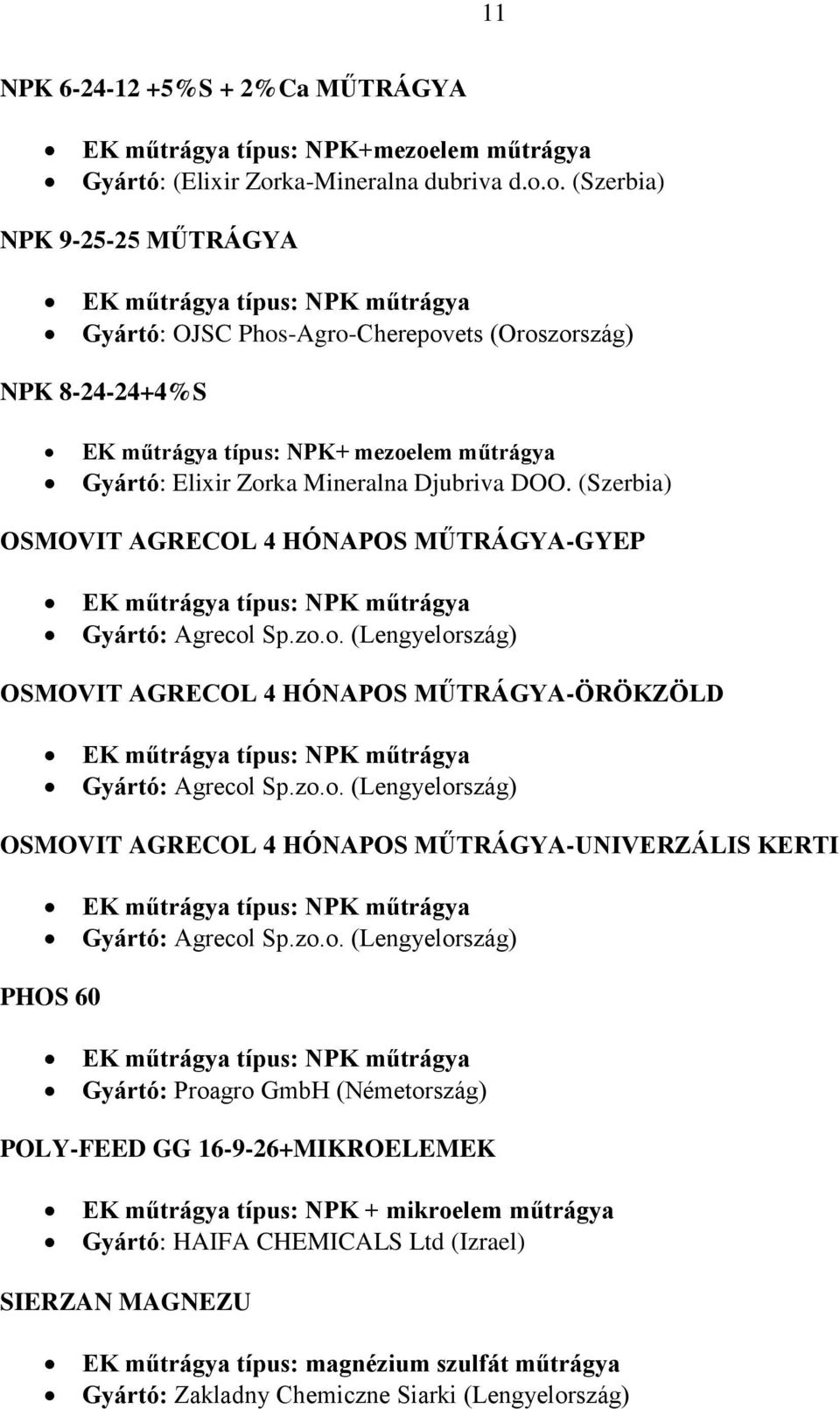 ka-Mineralna dubriva d.o.o. (Szerbia) NPK 9-25-25 MŰTRÁGYA Gyártó: OJSC Phos-Agro-Cherepovets (Oroszország) NPK 8-24-24+4%S Gyártó: Elixir Zorka Mineralna Djubriva DOO.