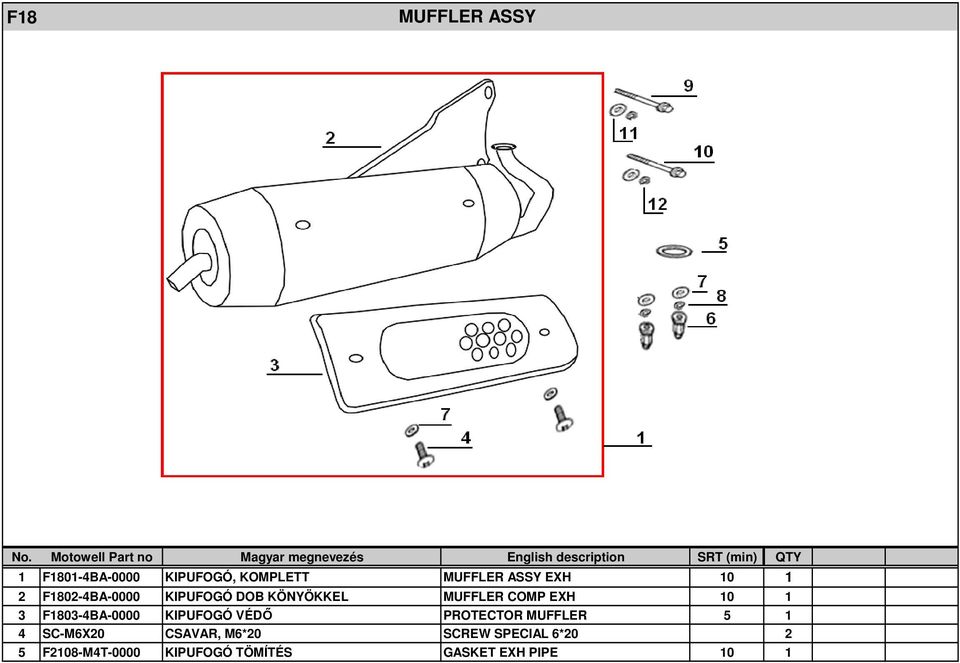 F1803-4BA-0000 KIPUFOGÓ VÉDŐ PROTECTOR MUFFLER 5 1 4 SC-M6X20 CSAVAR,