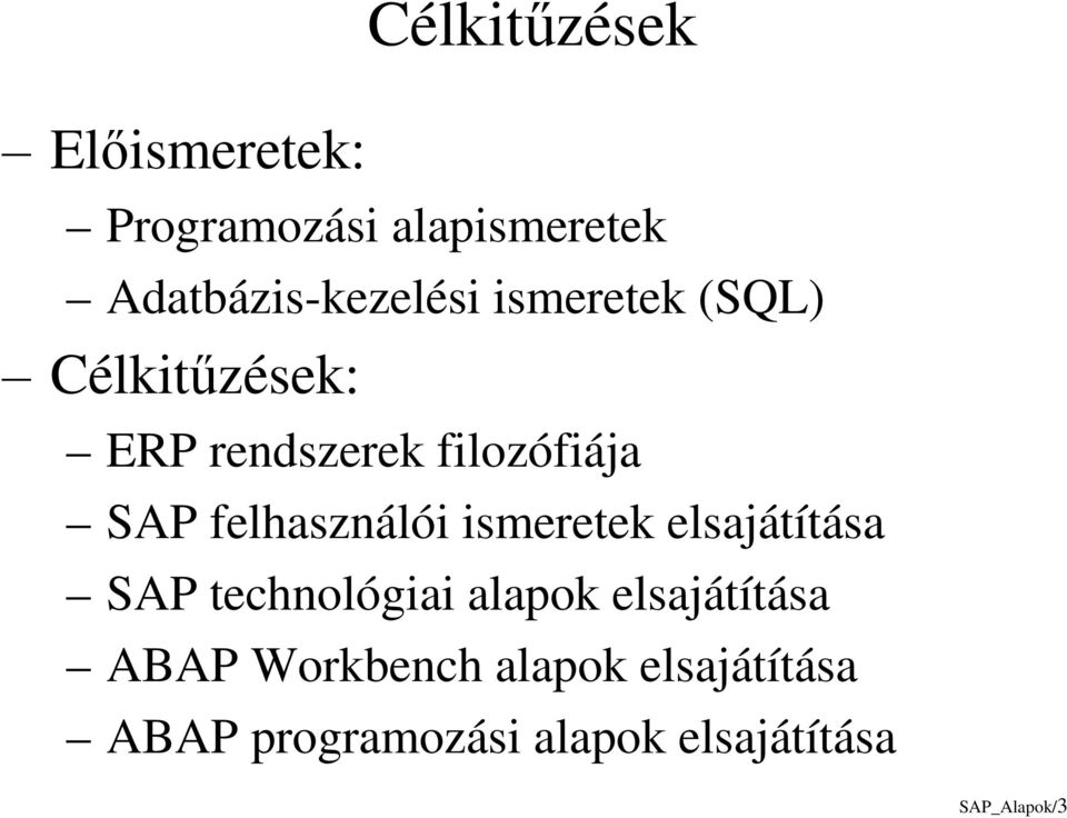 felhasználói ismeretek elsajátítása SAP technológiai alapok elsajátítása