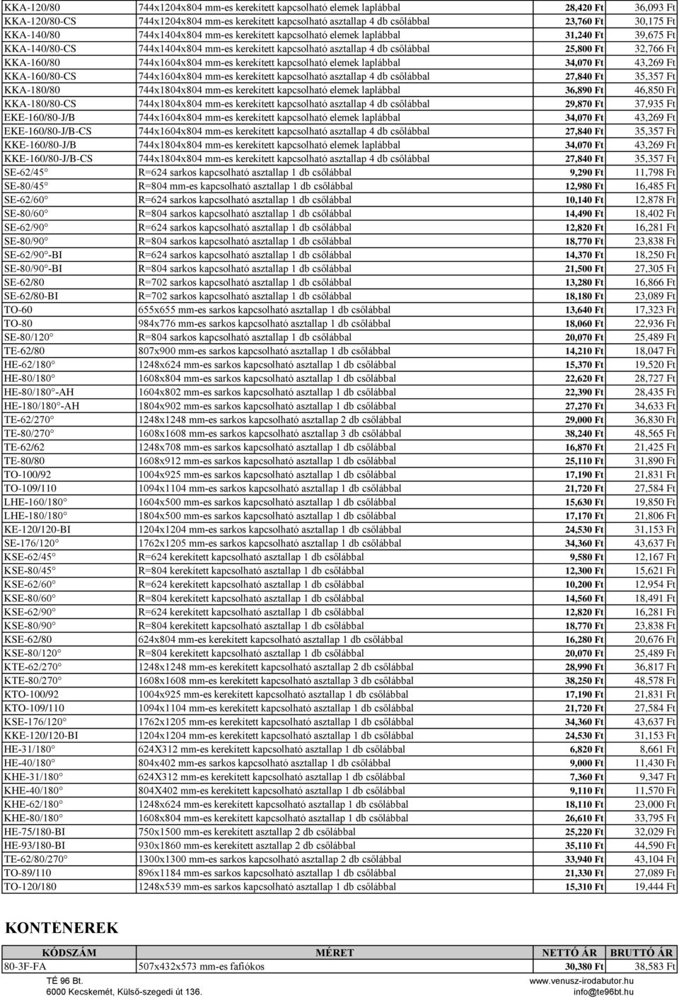 KKA-160/80 744x1604x804 mm-es kerekített kapcsolható elemek laplábbal 34,070 Ft 43,269 Ft KKA-160/80-CS 744x1604x804 mm-es kerekített kapcsolható asztallap 4 db csőlábbal 27,840 Ft 35,357 Ft