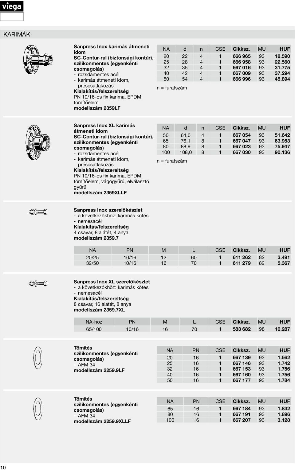 894 n = furatszám Sanpress Inox XL karimás átmeneti idom karimás átmeneti idom, préscsatlakozás PN 10/16-os fix karima, EPDM tömítőelem, vágógyűrű, elválasztó gyűrű modellszám 2359XLLF NA d n CSE