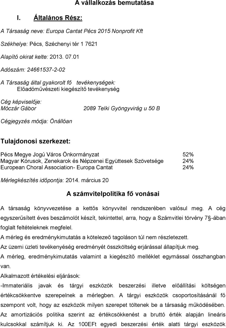 Tulajdonosi szerkezet: Pécs Megye Jogú Város Önkormányzat 52% Magyar Kórusok, Zenekarok és Népzenei Együttesek Szövetsége 24% European Choral Association- Europa Cantat 24% Mérlegkészítés időpontja: