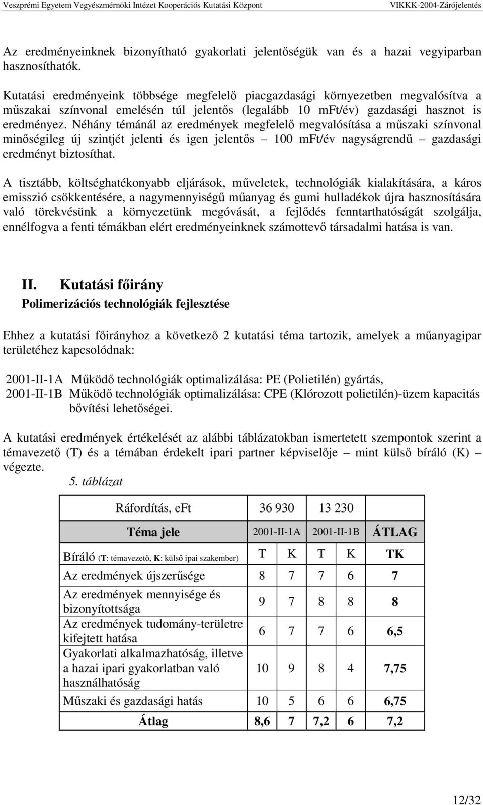 Néhány témánál az eredmények megfelel megvalósítása a mszaki színvonal minségileg új szintjét jelenti és igen jelents 100 mft/év nagyságrend gazdasági eredményt biztosíthat.