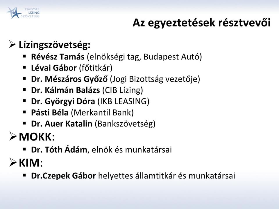 Kálmán Balázs (CIB Lízing) Dr. Györgyi Dóra (IKB LEASING) Pásti Béla (Merkantil Bank) Dr.