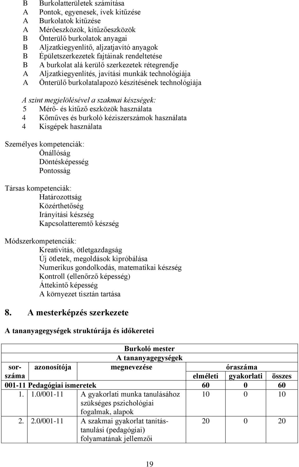 megjelölésével a szakmai készségek: 5 Mérő- és kitűző eszközök használata 4 Kőműves és burkoló kéziszerszámok használata 4 Kisgépek használata Személyes kompetenciák: Önállóság Döntésképesség