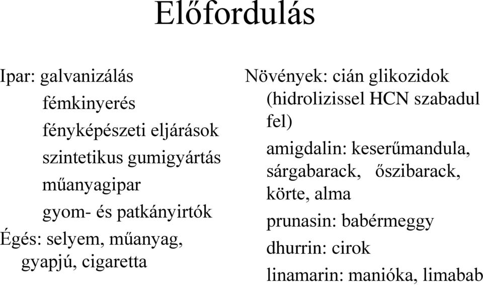 Növények: cián glikozidok (hidrolizissel HCN szabadul fel) amigdalin: keserűmandula,