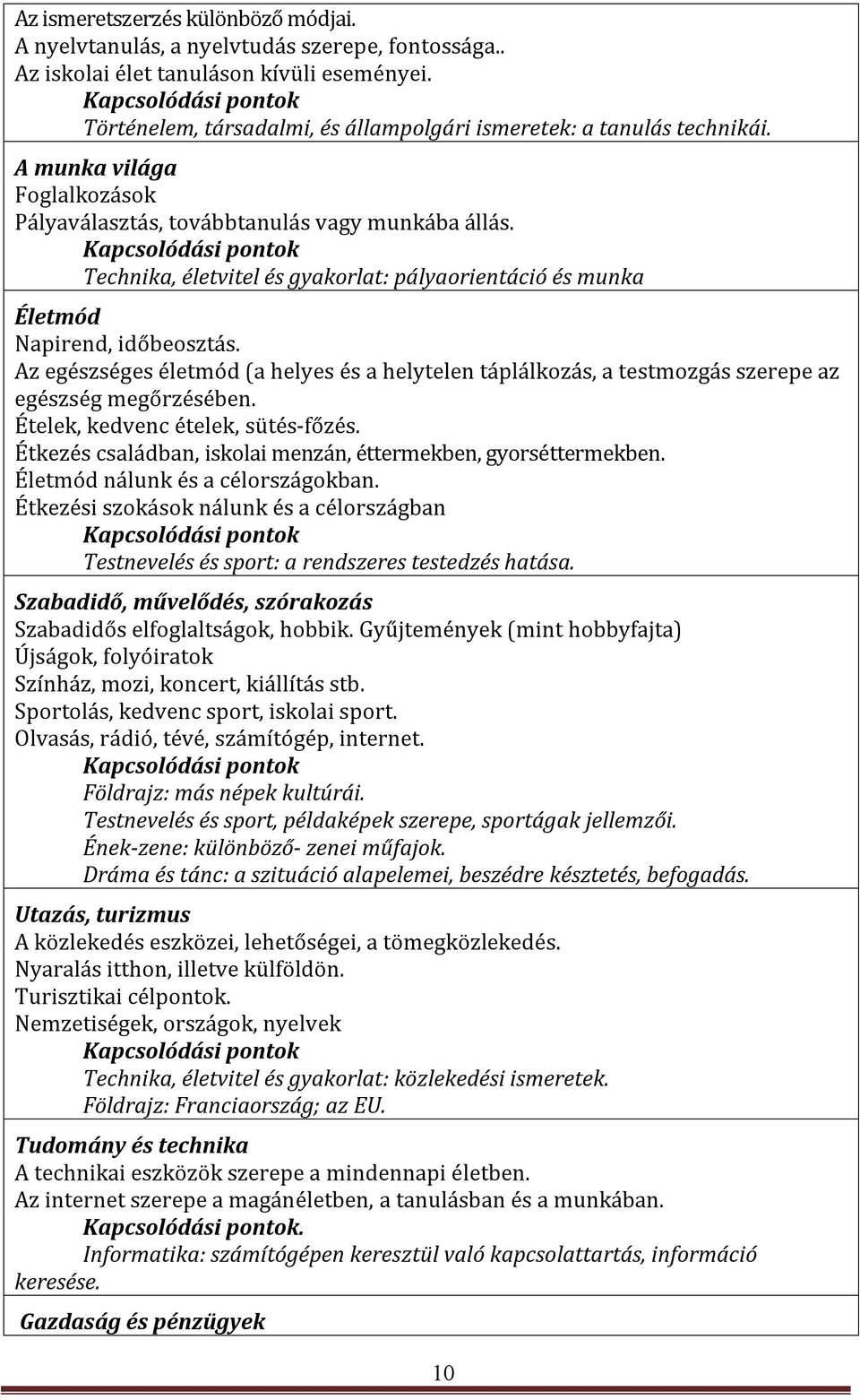 Technika, életvitel és gyakorlat: pályaorientáció és munka Életmód Napirend, időbeosztás. Az egészséges életmód (a helyes és a helytelen táplálkozás, a testmozgás szerepe az egészség megőrzésében.