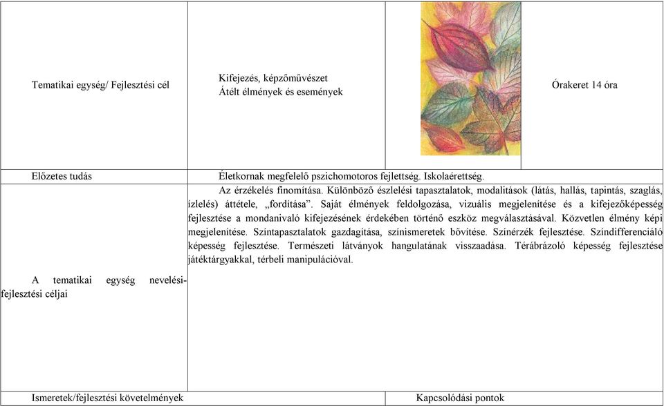 Saját élmények feldolgozása, vizuális megjelenítése és a kifejezőképesség fejlesztése a mondanivaló kifejezésének érdekében történő eszköz megválasztásával. Közvetlen élmény képi megjelenítése.