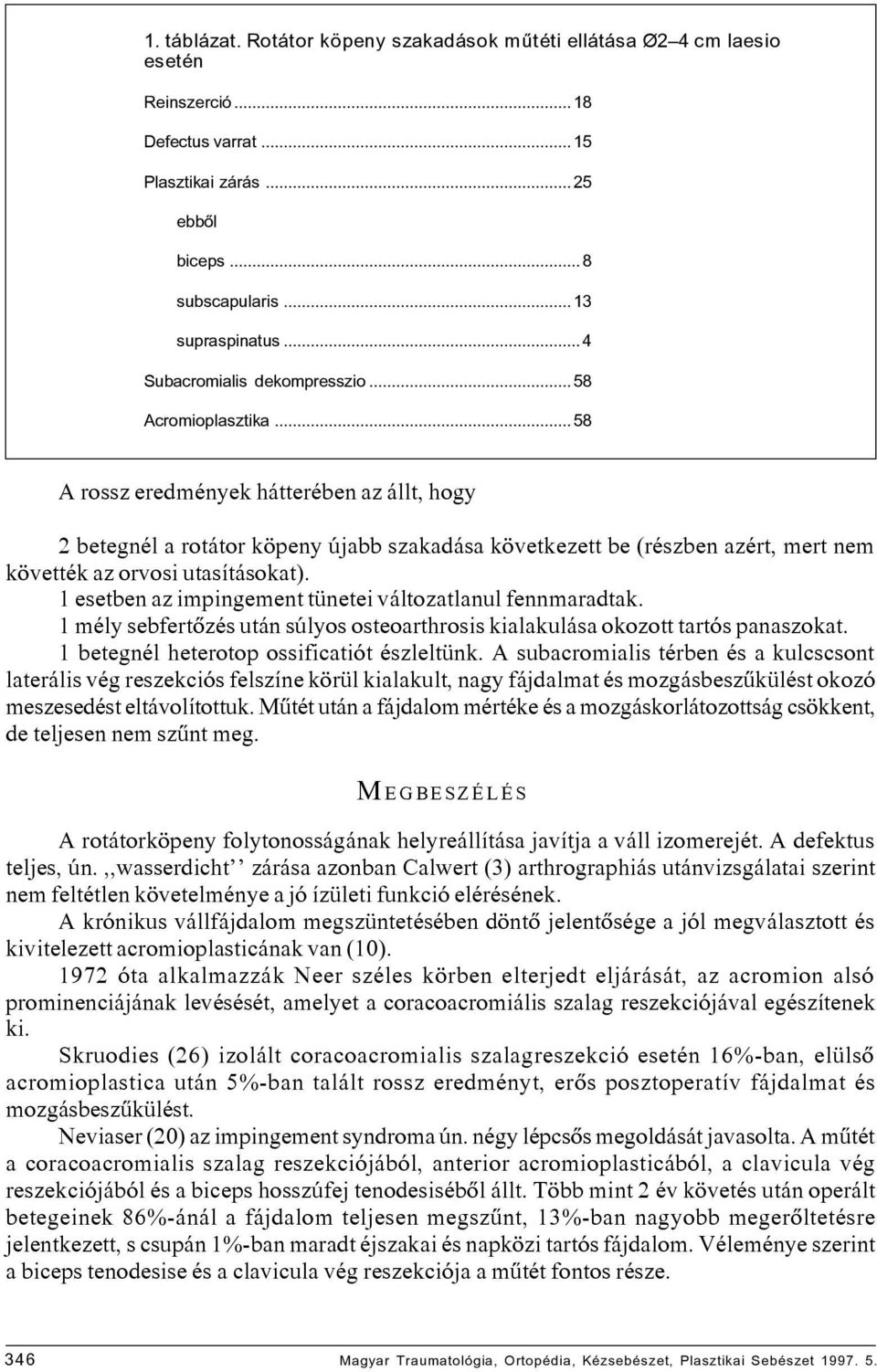 .. 58 A rossz eredmények hátterében az állt, hogy 2 betegnél a rotátor köpeny újabb szakadása következett be (részben azért, mert nem követték az orvosi utasításokat).