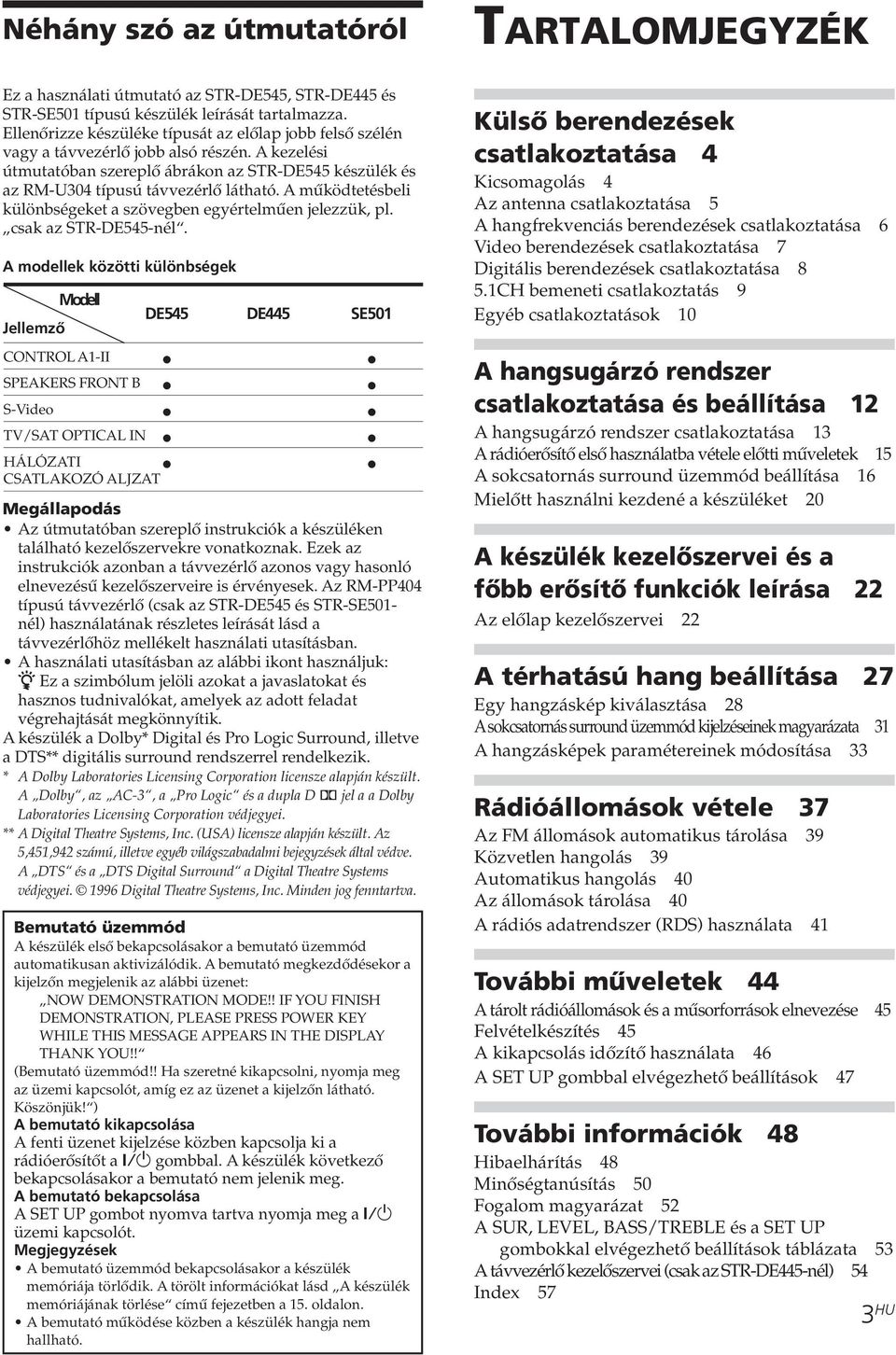 A mıködtetésbeli különbségeket a szövegben egyértelmıen jelezzük, pl. csak az STR-DE545-nél.