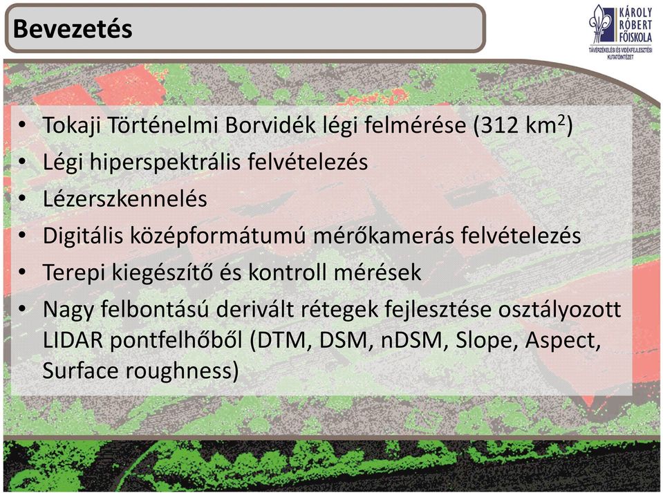 felvételezés Terepi kiegészítő és kontroll mérések Nagy felbontású derivált