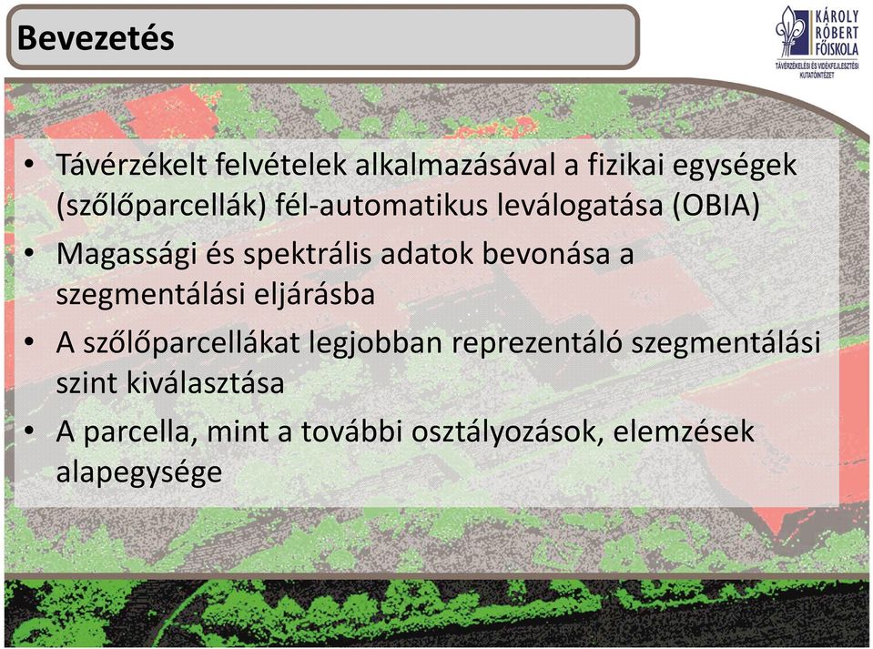 adatok bevonása a szegmentálási eljárásba A szőlőparcellákat legjobban