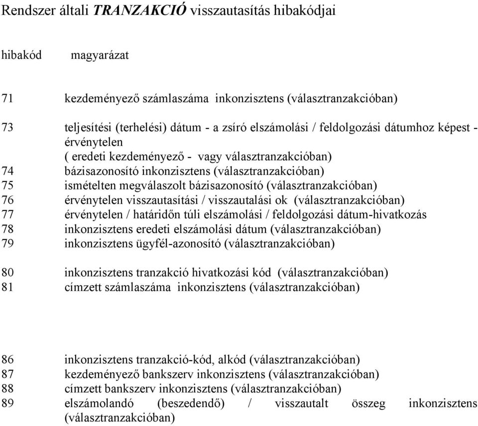 (választranzakcióban) 76 érvénytelen visszautasítási / visszautalási ok (választranzakcióban) 77 érvénytelen / határidőn túli elszámolási / feldolgozási dátum-hivatkozás 78 inkonzisztens eredeti