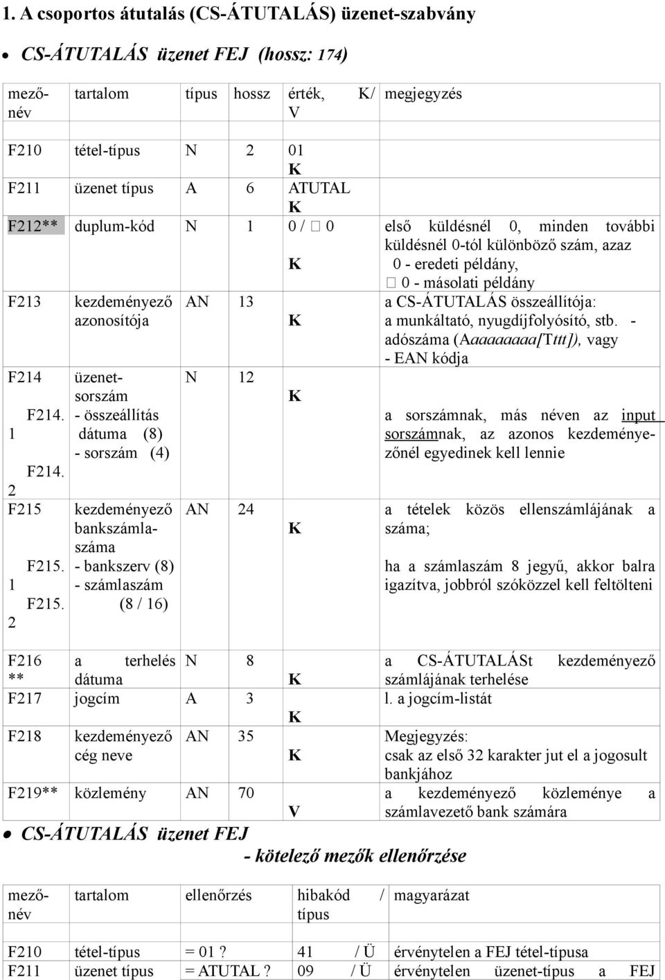 számlaszám (8 / 16) AN 13 N 12 AN 24 K K K K első küldésnél 0, minden további küldésnél 0-tól különböző szám, azaz 0 - eredeti példány, 0 - másolati példány a CS-ÁTUTALÁS összeállítója: a munkáltató,