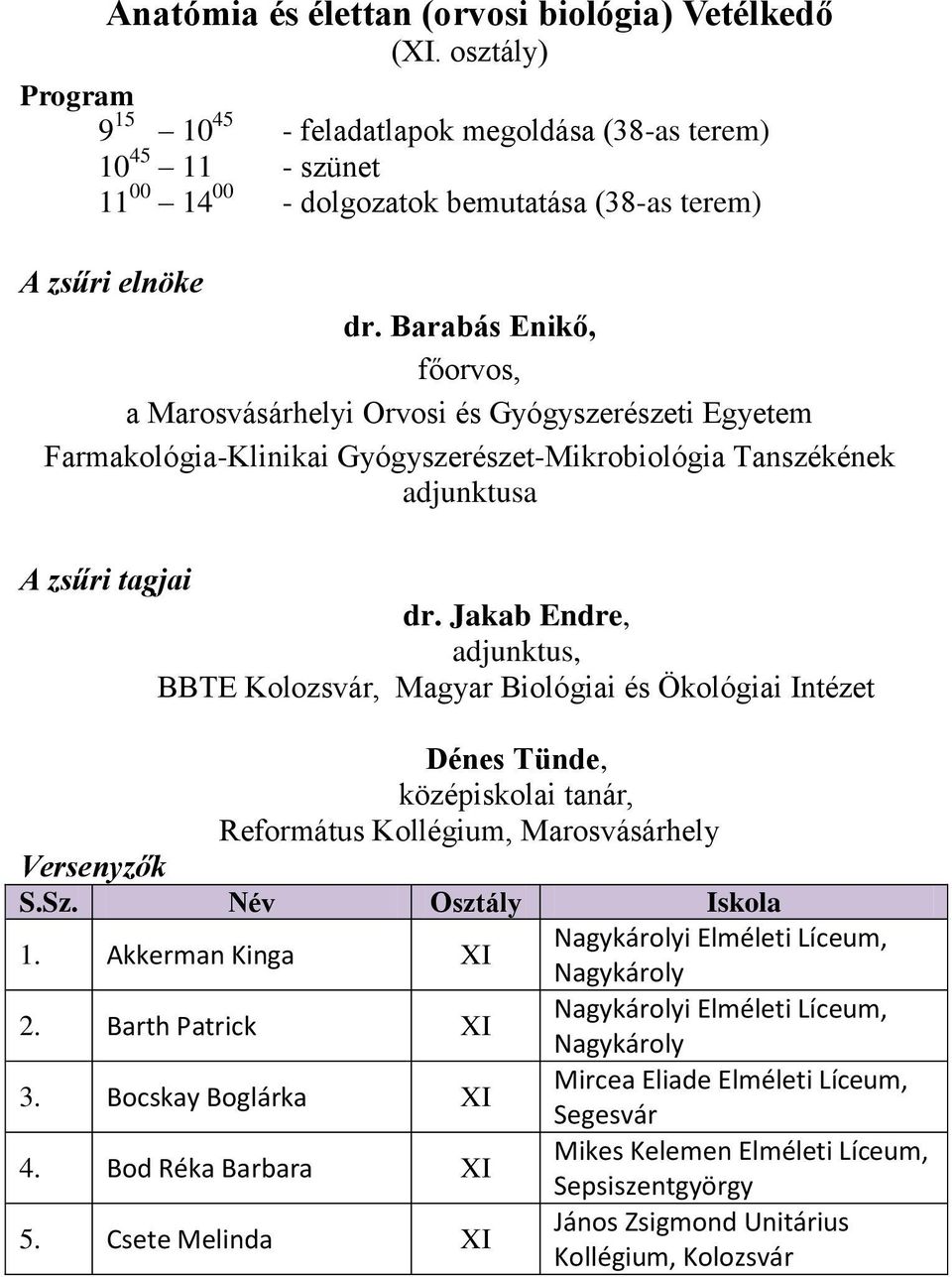 Barabás Enikő, főorvos, a i Orvosi és Gyógyszerészeti Egyetem Farmakológia-Klinikai Gyógyszerészet-Mikrobiológia Tanszékének adjunktusa A zsűri tagjai dr.