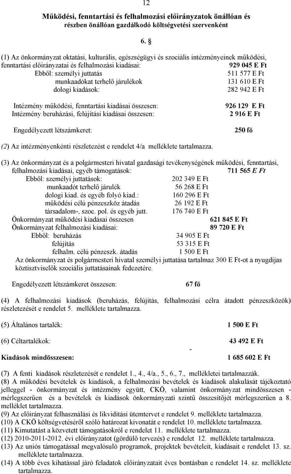 Ft 6. Intézmény működési, fenntartási kiadásai összesen: Intézmény beruházási, felújítási kiadásai összesen: Engedélyezett létszámkeret: 926 129 E Ft 2 916 E Ft 250 fő (2) Az intézményenkénti