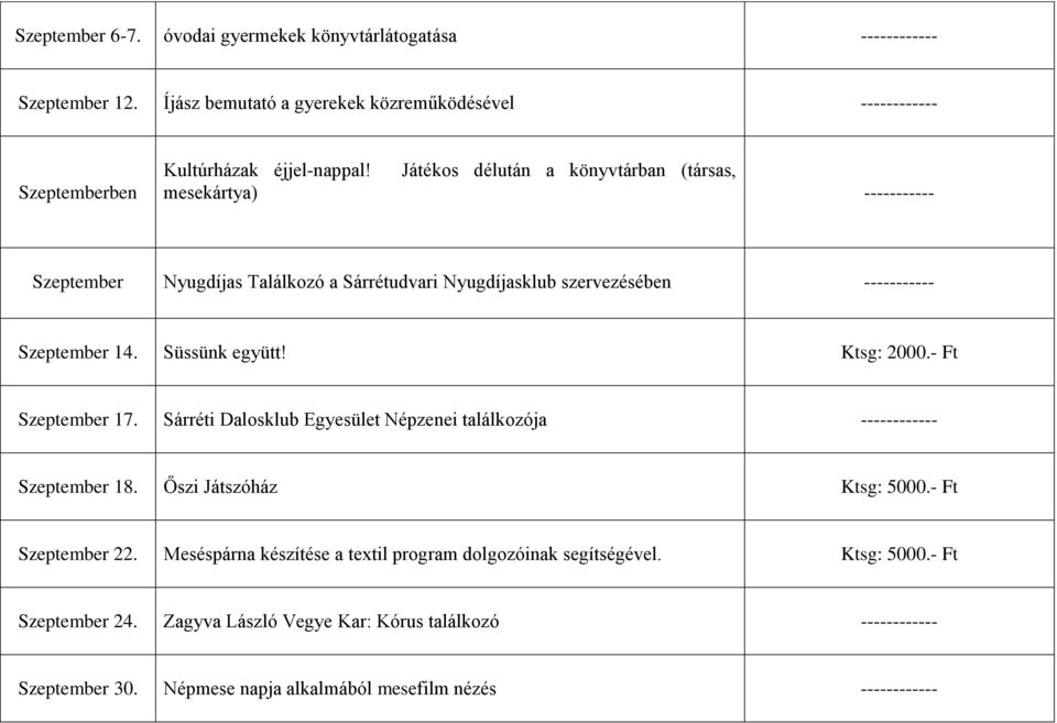 Ktsg: 2000.- Ft Szeptember 17. Sárréti Dalosklub Egyesület Népzenei találkozója ------------ Szeptember 18. Őszi Játszóház Ktsg: 5000.- Ft Szeptember 22.