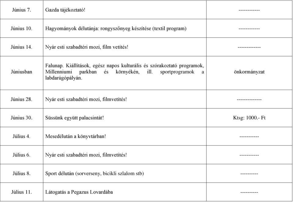 sportprogramok a labdarúgópályán. önkormányzat Június 28. Nyár esti szabadtéri mozi, filmvetítés! -------------- Június 30. Süssünk együtt palacsintát! Ktsg: 1000.- Ft Július 4.