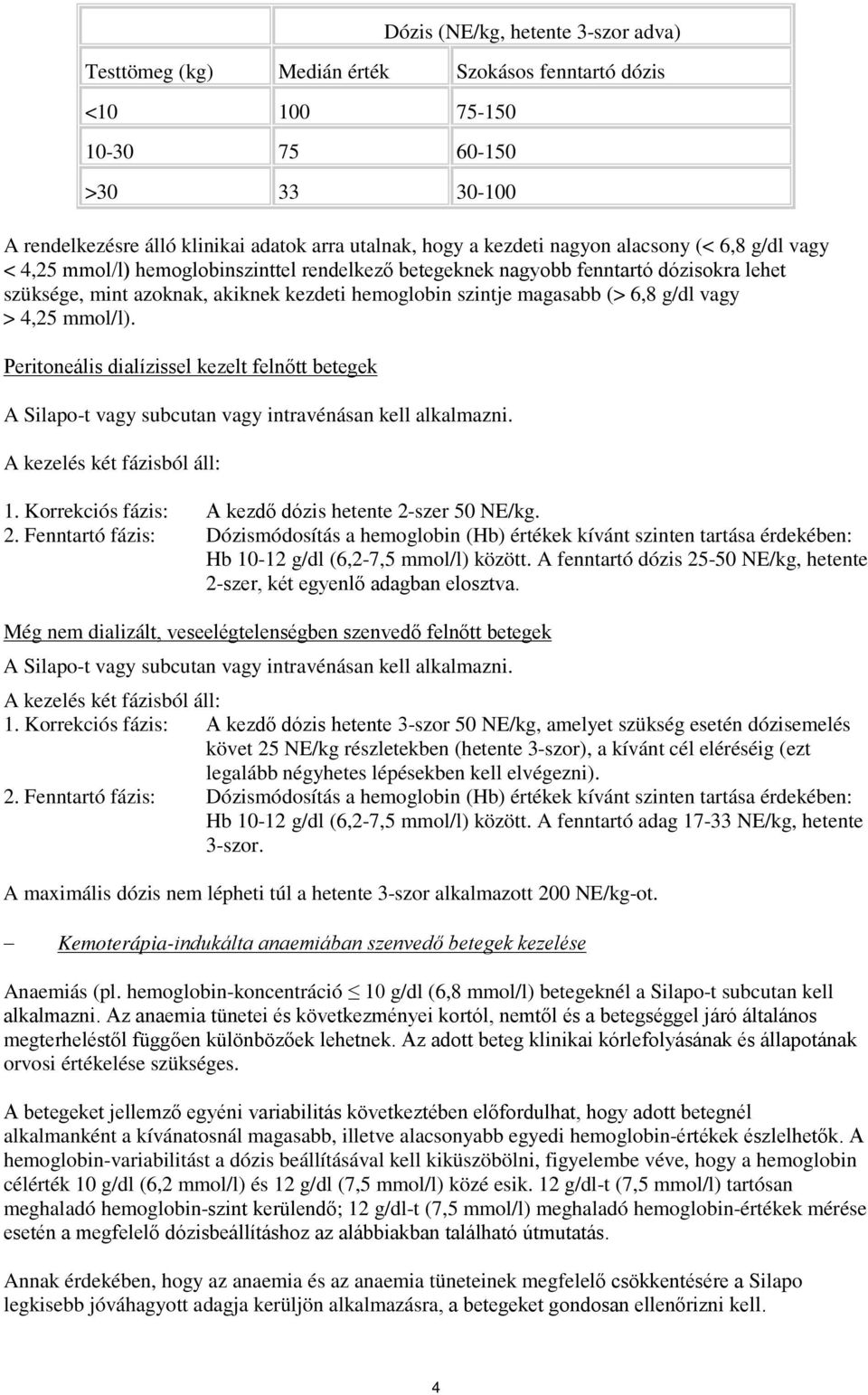 g/dl vagy > 4,25 mmol/l). Peritoneális dialízissel kezelt felnőtt betegek A Silapo-t vagy subcutan vagy intravénásan kell alkalmazni. A kezelés két fázisból áll: 1.