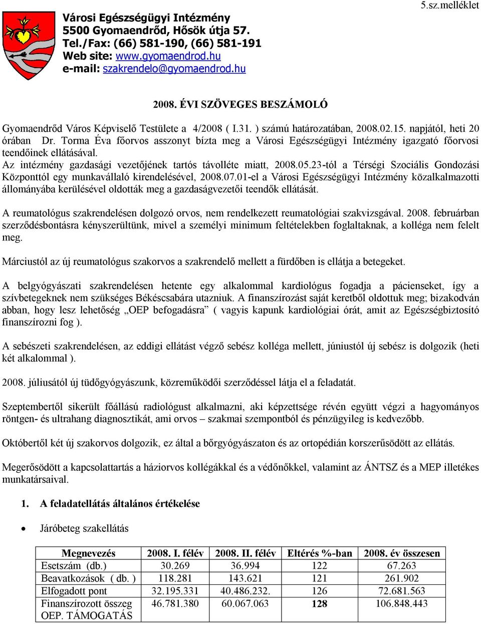 Torma Éva főorvos asszonyt bízta meg a Városi Egészségügyi Intézmény igazgató főorvosi teendőinek ellátásával. Az intézmény gazdasági vezetőjének tartós távolléte miatt, 2008.05.